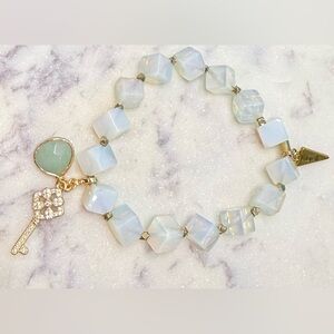 Erimish Opal Cube Beaded Bracelet Gold Key Charm Stretch - Emerald 2